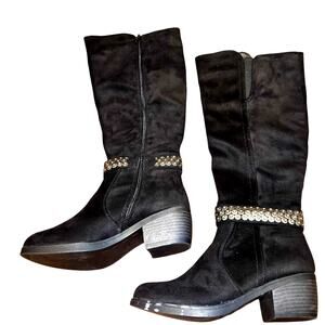 Global Win 6 Black Women's Knee Length Riding Boots Shoes Silver Trim